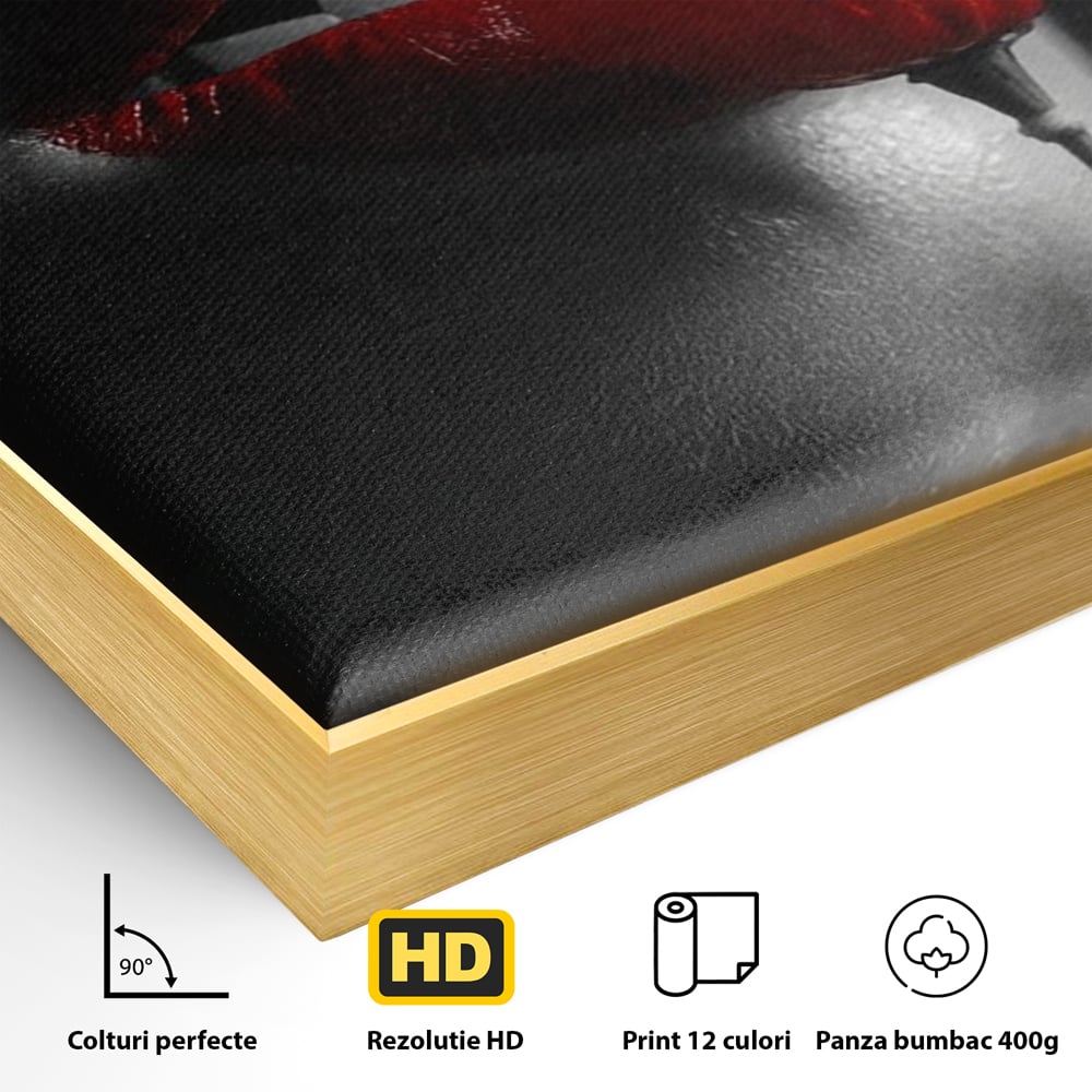 Detaliu al suprafetei: tablou canvas cu buze si mac, in rama de aluminiu auriu